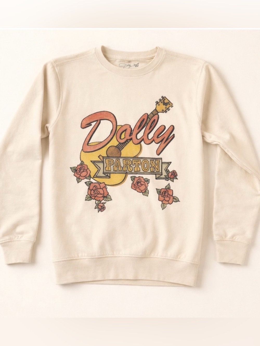 Dolly Parton / Cream Crewneck with ‘Dolly Parton’ Graphic Logo / Roses, Guitar